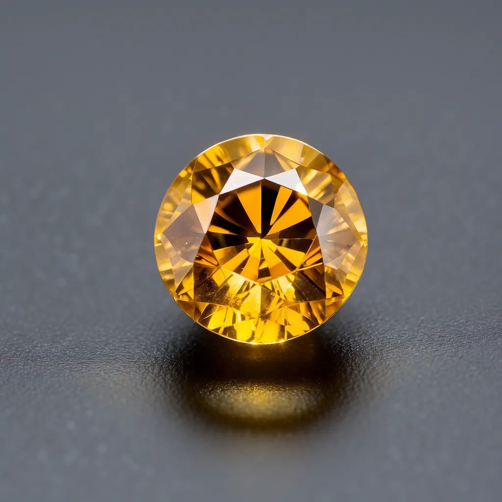 Natural yellow Sapphire in round brilliant cut, facets visible under professional lighting