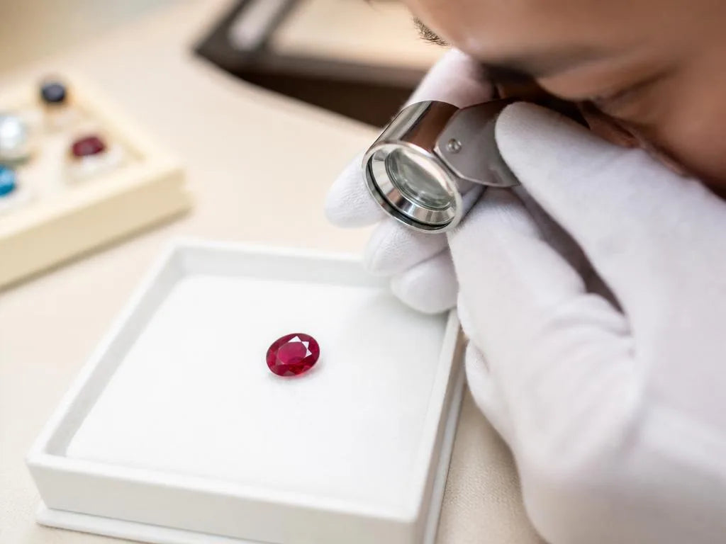 Examen d'un rubis à la loupe de bijoutier sur plateau d'inspection professionnel