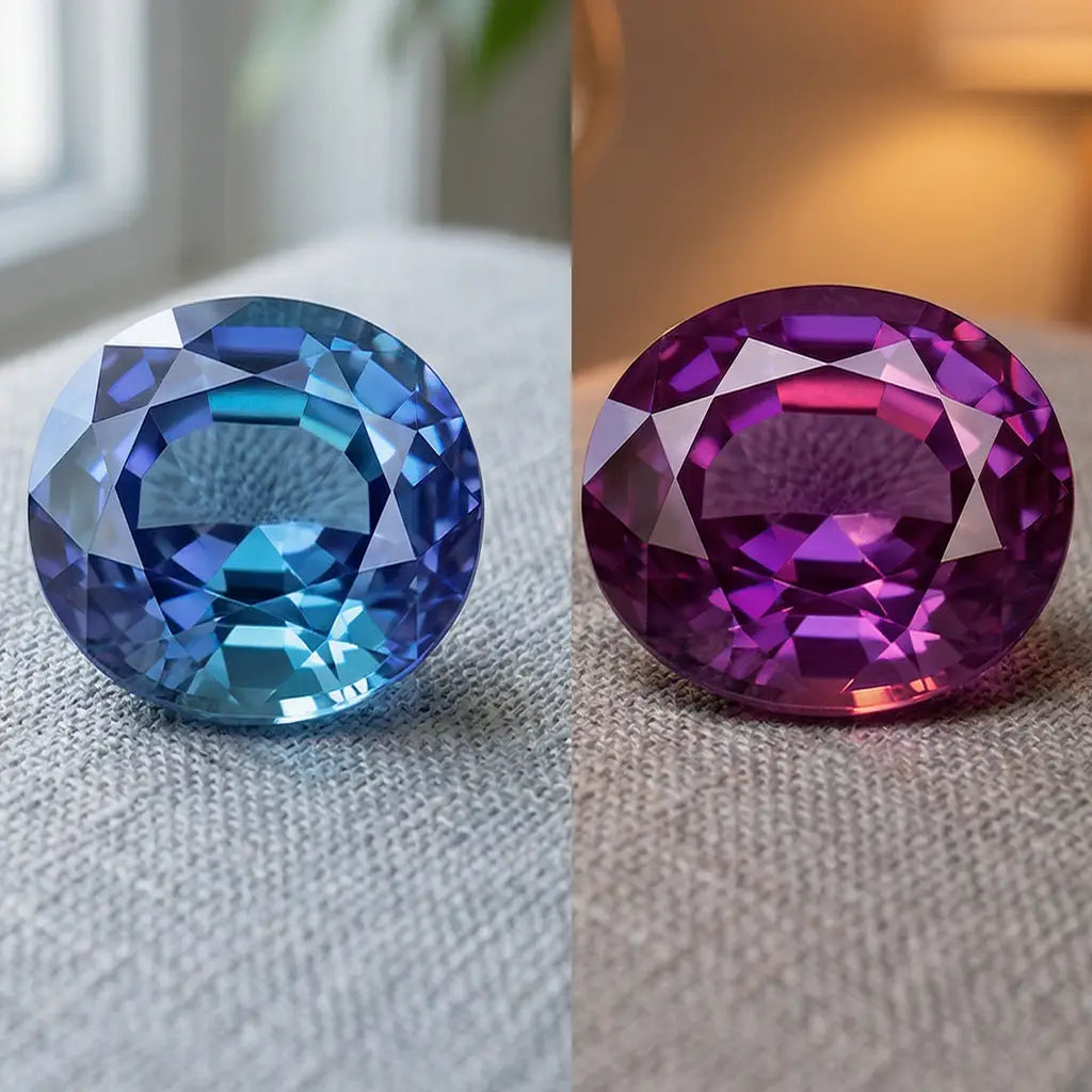 Colour-change sapphire appearing blue-violet in daylight and violet-purple under incandescent light