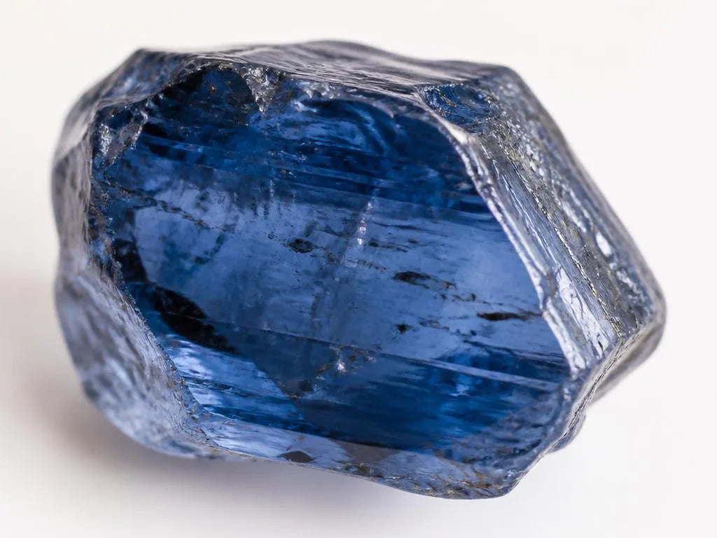 A raw blue natural Sapphire crystal showing characteristic inclusions before heat treatment