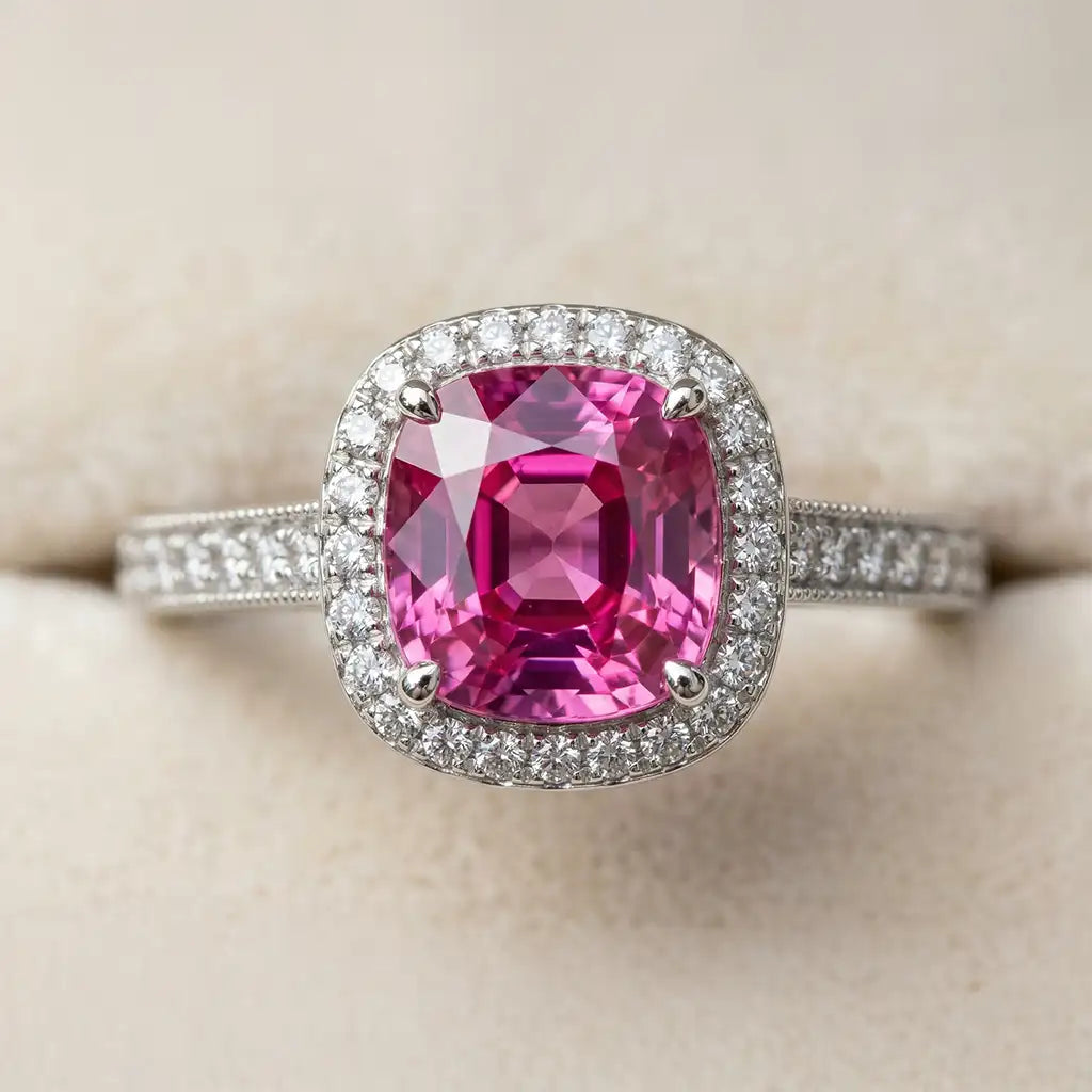 Ring set with a pink sapphire in 18K white gold, close-up on the stone
