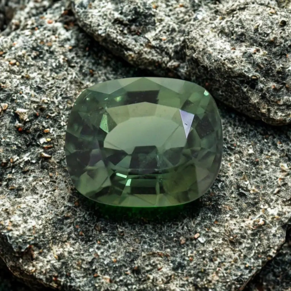 Natural green sapphire in a cushion cut, on rough rock