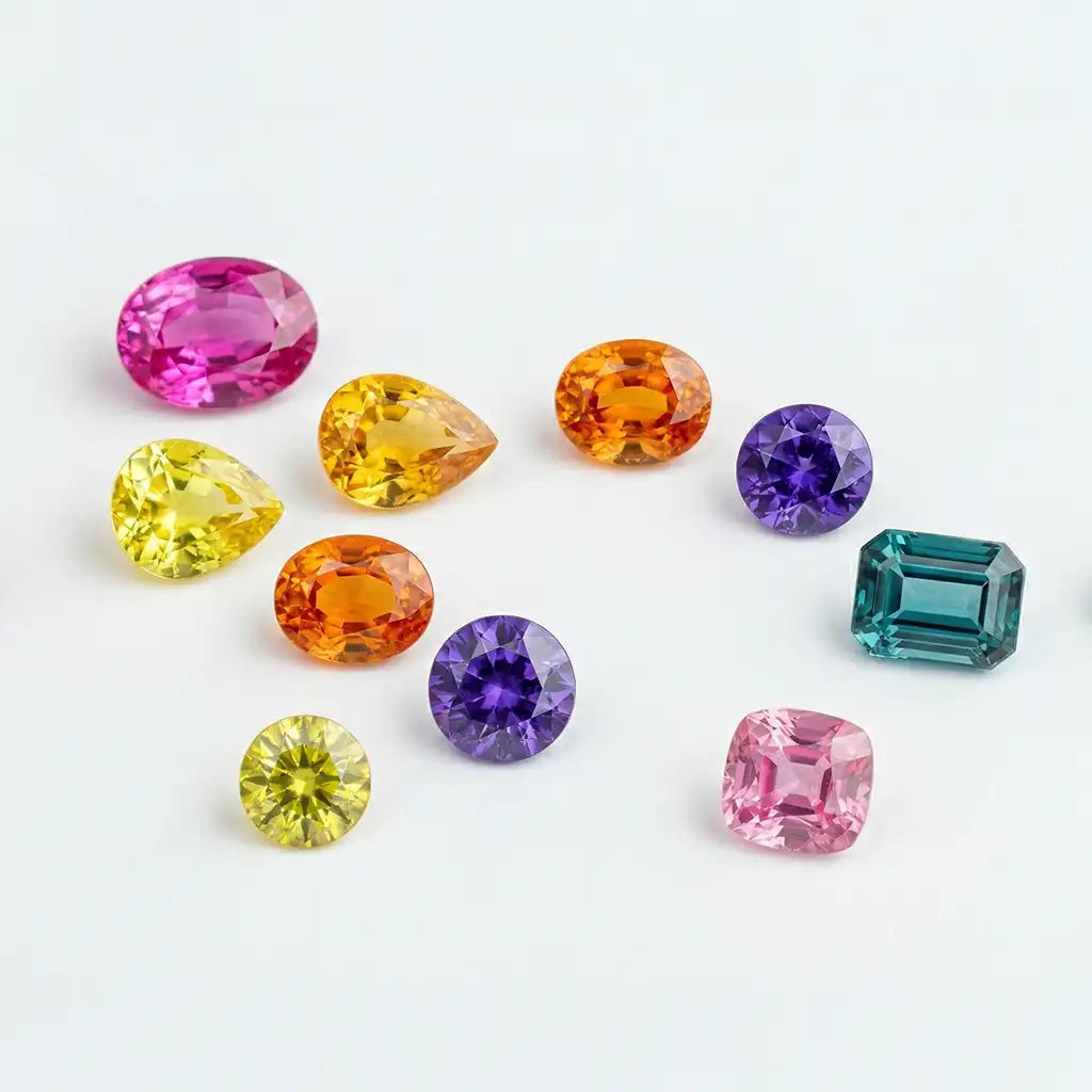 Composition of coloured sapphires in various shades, pink, yellow, orange, violet, and teal, on a white background