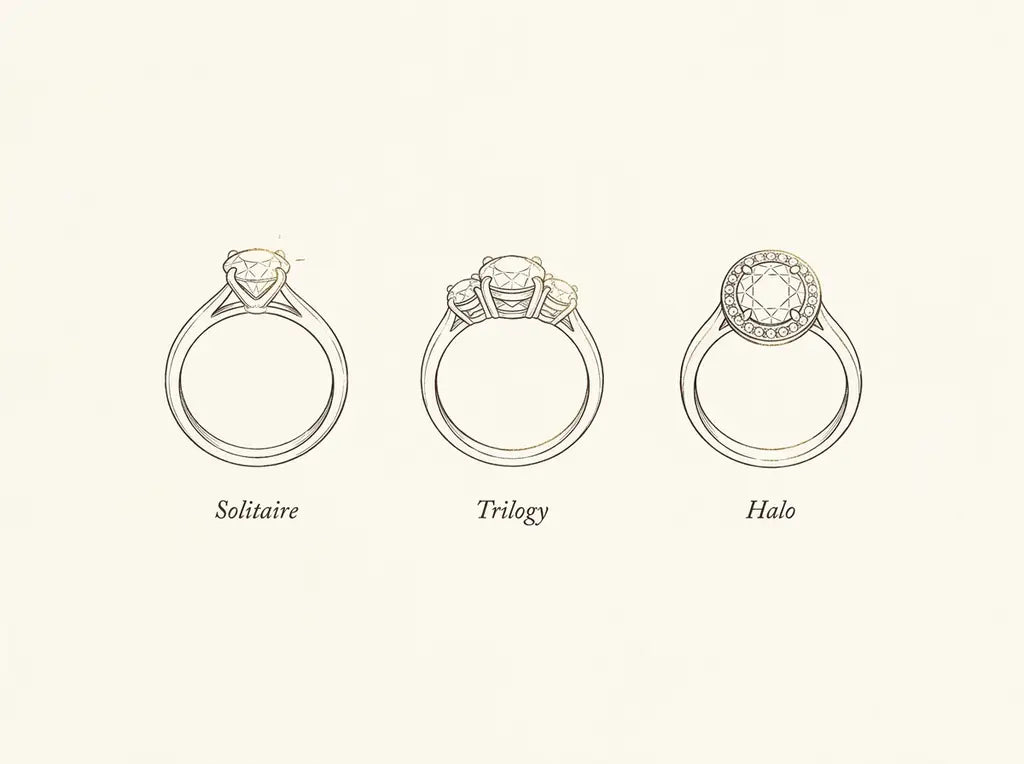 Illustration of the three engagement ring styles: solitaire, trilogy, and halo