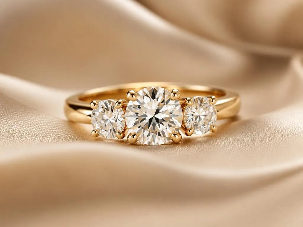 Trilogy engagement ring in 18K yellow gold, featuring three round diamonds with a larger central stone