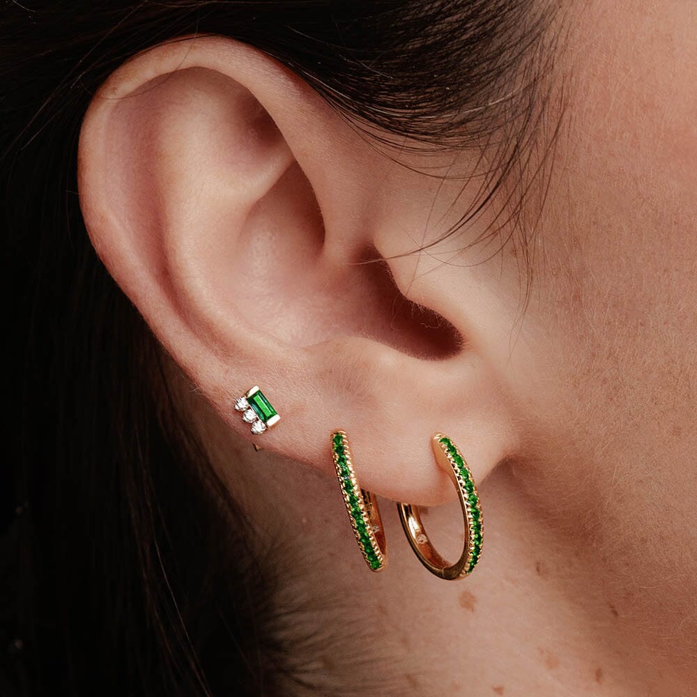 créoles émeraude et Boucles d'oreilles Prana baguette emeraude et diamant